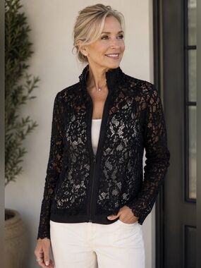 MARINA Black Lace Zip Up Jacket L
